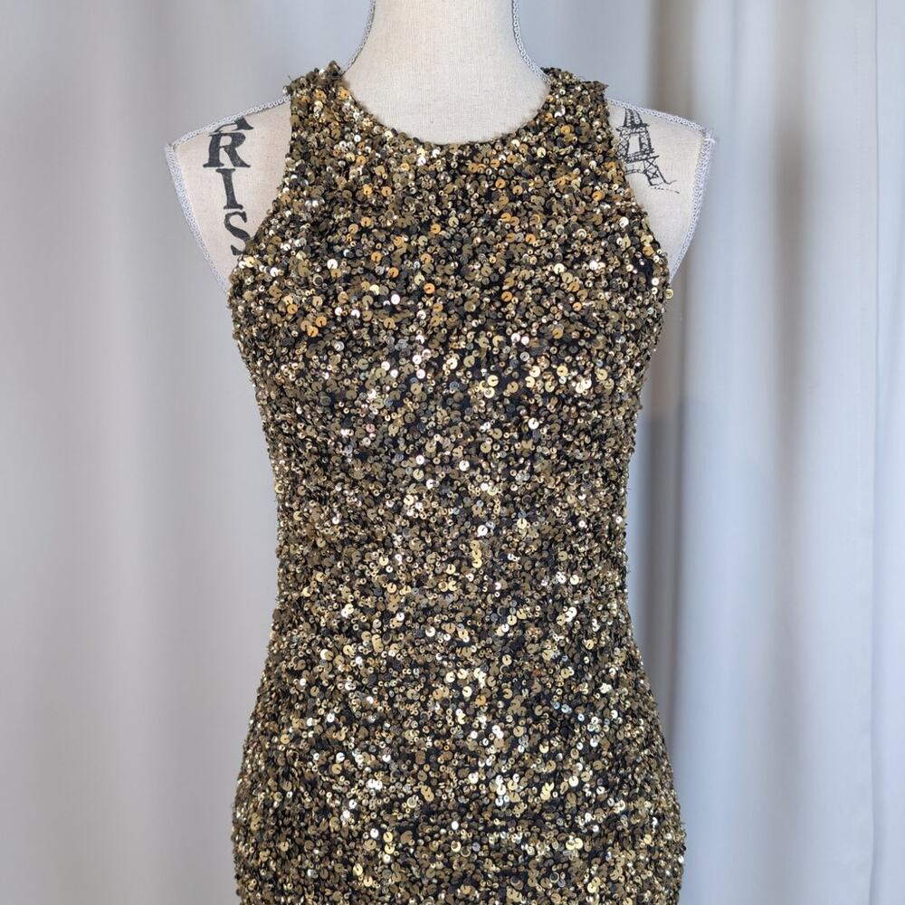 Theia Gold Sequin Gown Size 4 Black Gold Sleeveless Mermaid Maxi Dress - Picture 14 of 16